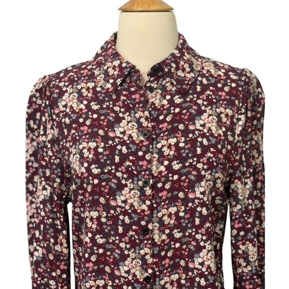 Natural Life Twiggy Mini Shirt Dress Burgundy Floral 3/4 Sleeve Boho EUC Size M - Picture 3 of 9